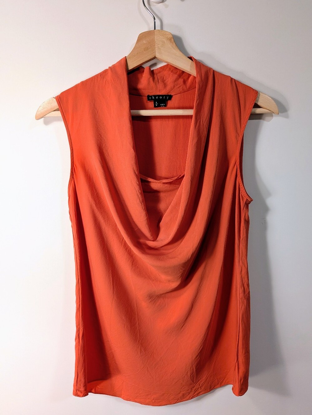 Theory Draped Cowl Neck Sleeveless Silk Top in Coral